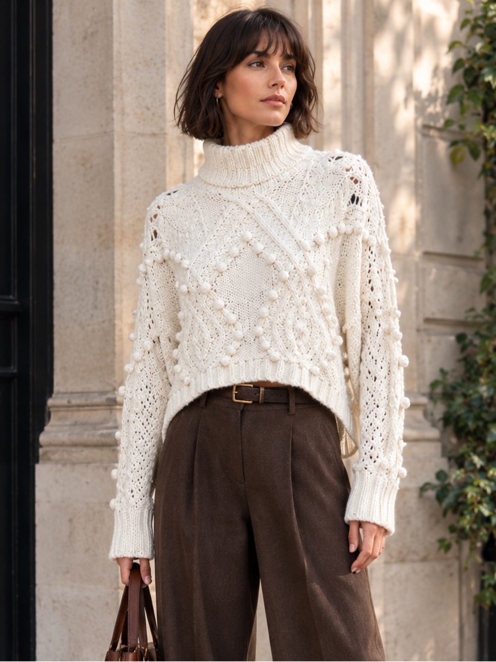 LOVERS AND FRIENDS Ivory Bobble Knit Open Crochet Preppy Mock Neck Sweater, S